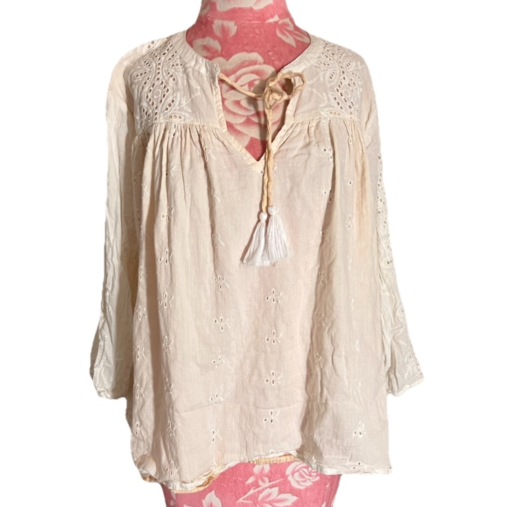 Shabby Chic Eyelet Lace Boho Flowy Tassel Southwest Blouse Size XL Women's Top